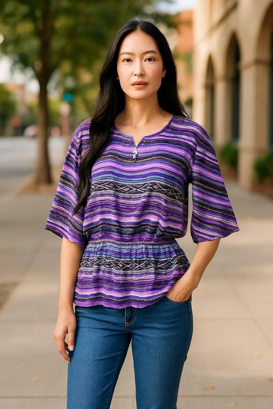 Chicos Blouse Womens 1 or Medium Purple Stripe Sheer Elastic Waist Boho Peasant